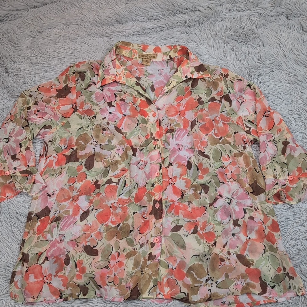 Notations Shirt Womens 2X Multicolor Floral‎ Blouse Sheer Top Button Up Casual